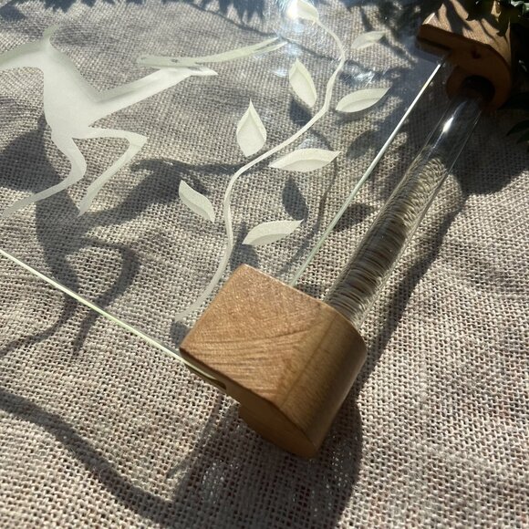 Vintage Unique 1970's Boho MCM Etched Glass Serving Tray With Deer Design & Wood - Picture 3 of 9
